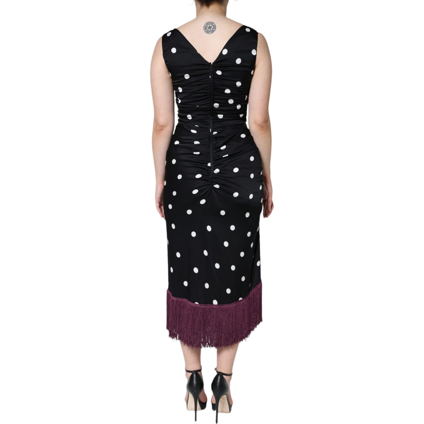 Dolce & Gabbana Black Silk Polka Dot Vneck Tassel Midi Dress Dolce & Gabbana