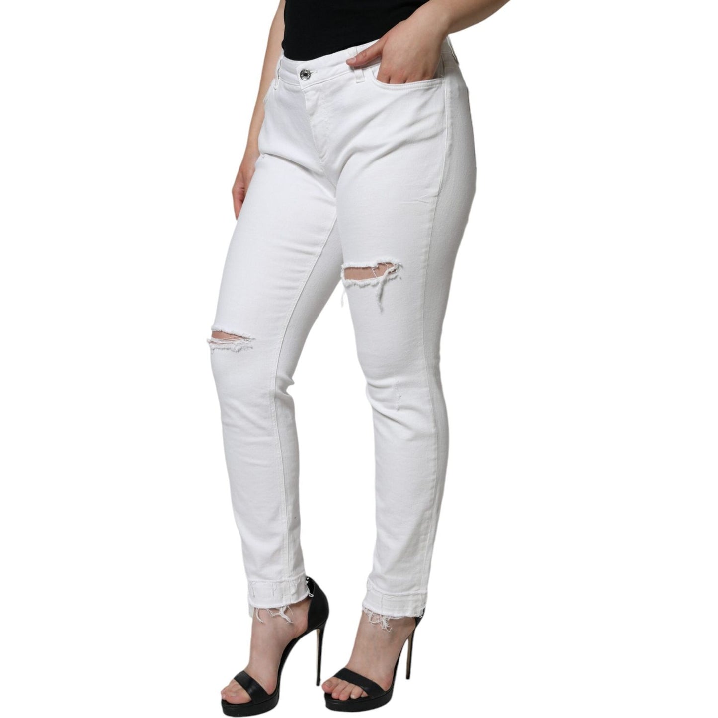 Dolce & Gabbana White Cotton Stretch Tattered Skinny Jeans Dolce & Gabbana