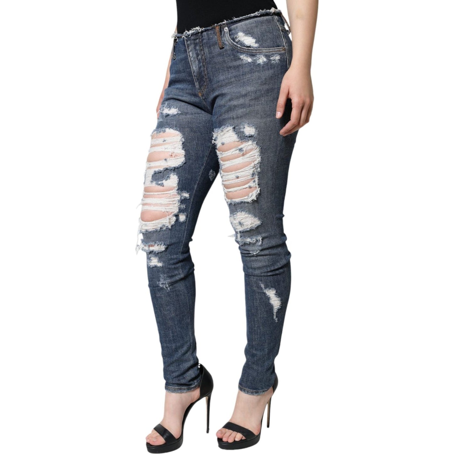 Dolce & Gabbana Blue Cotton Stretch Tattered Skinny Jeans Dolce & Gabbana