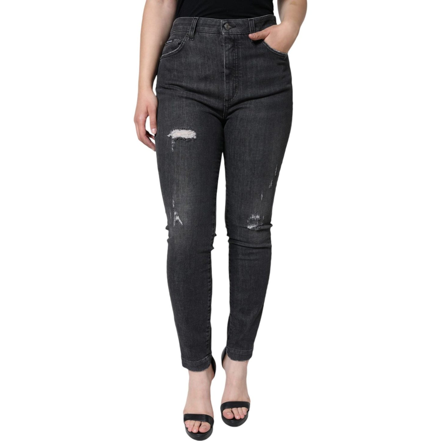 Dolce & Gabbana Black Cotton Stretch Tattered Skinny Jeans Dolce & Gabbana