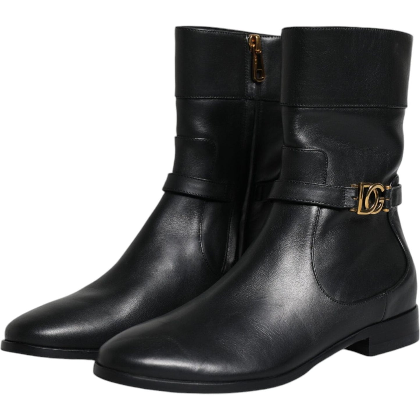 Dolce & Gabbana Black Leather Logo Mid Calf Boots Shoes Dolce & Gabbana