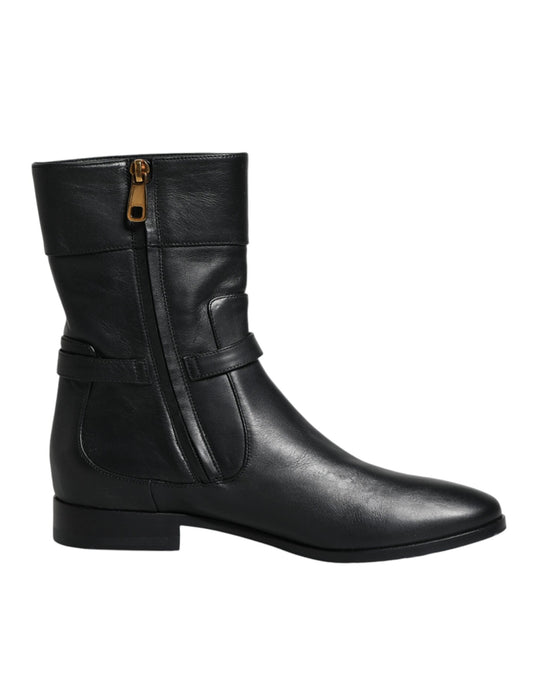 Dolce & Gabbana Black Leather Logo Mid Calf Boots Shoes Dolce & Gabbana