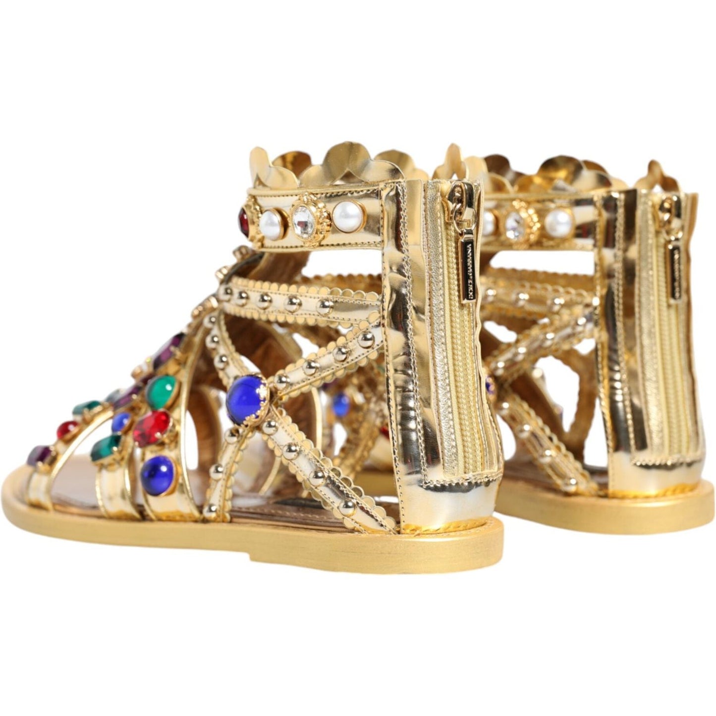 Dolce & Gabbana Gold Leather Crystal Gladiator Sandals Flats Shoes Dolce & Gabbana