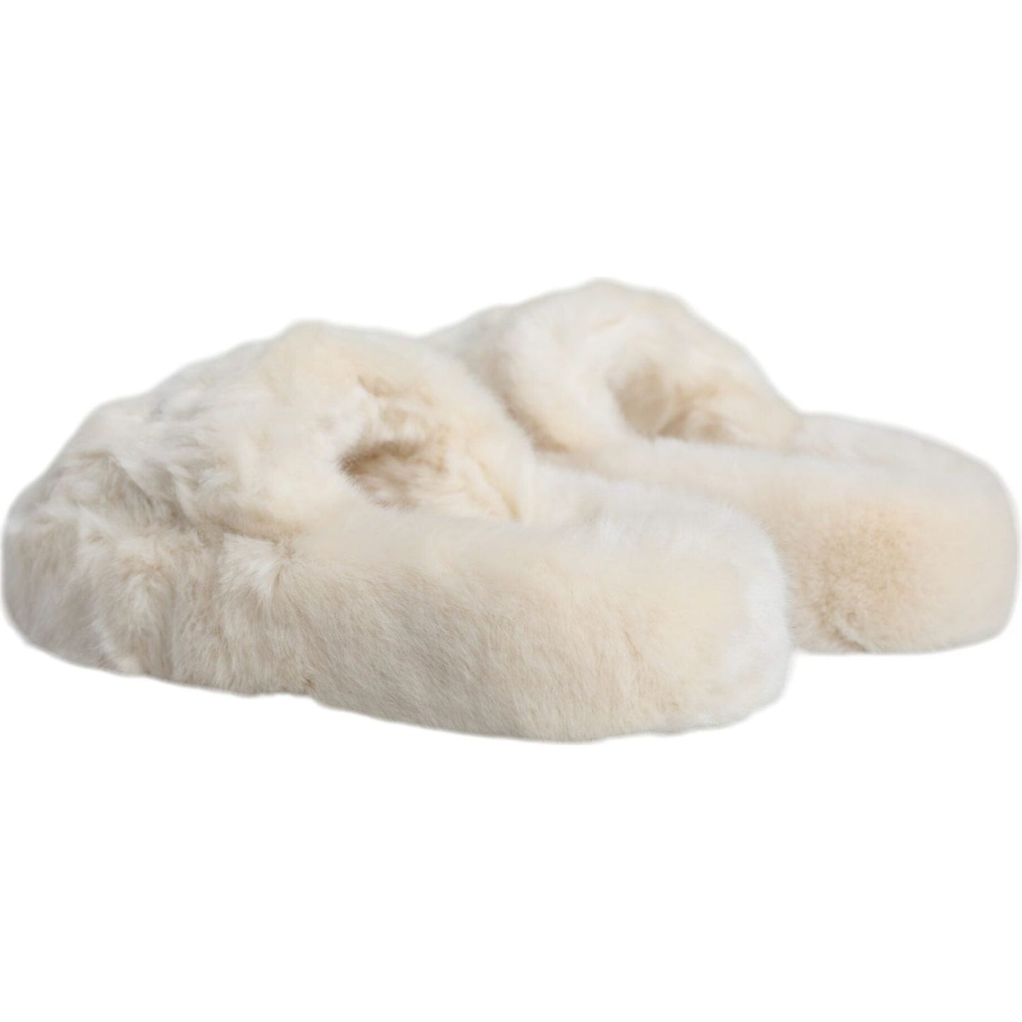 Dolce & Gabbana Beige Faux Fur Slides Flats Sandals Shoes Dolce & Gabbana