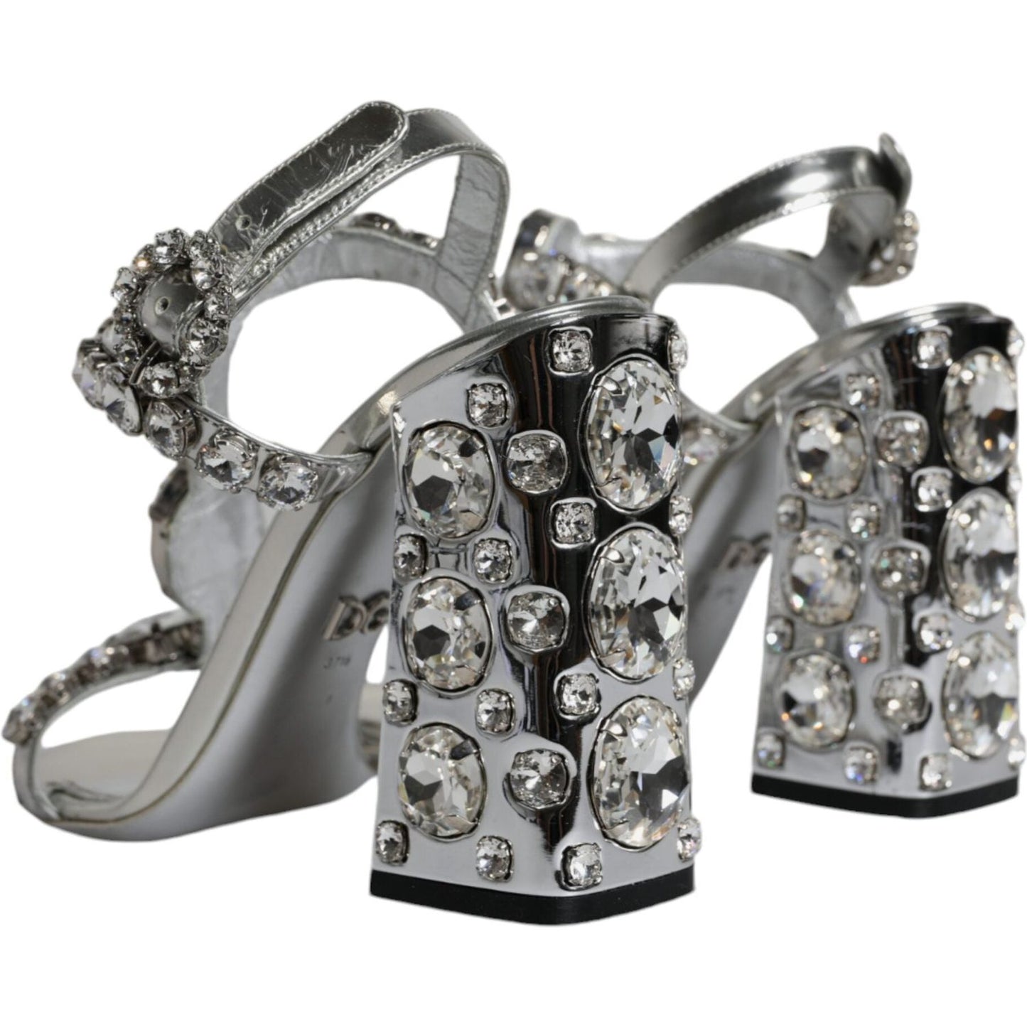 Dolce & Gabbana Silver Leather T-strap Crystal Sandals Shoes Dolce & Gabbana