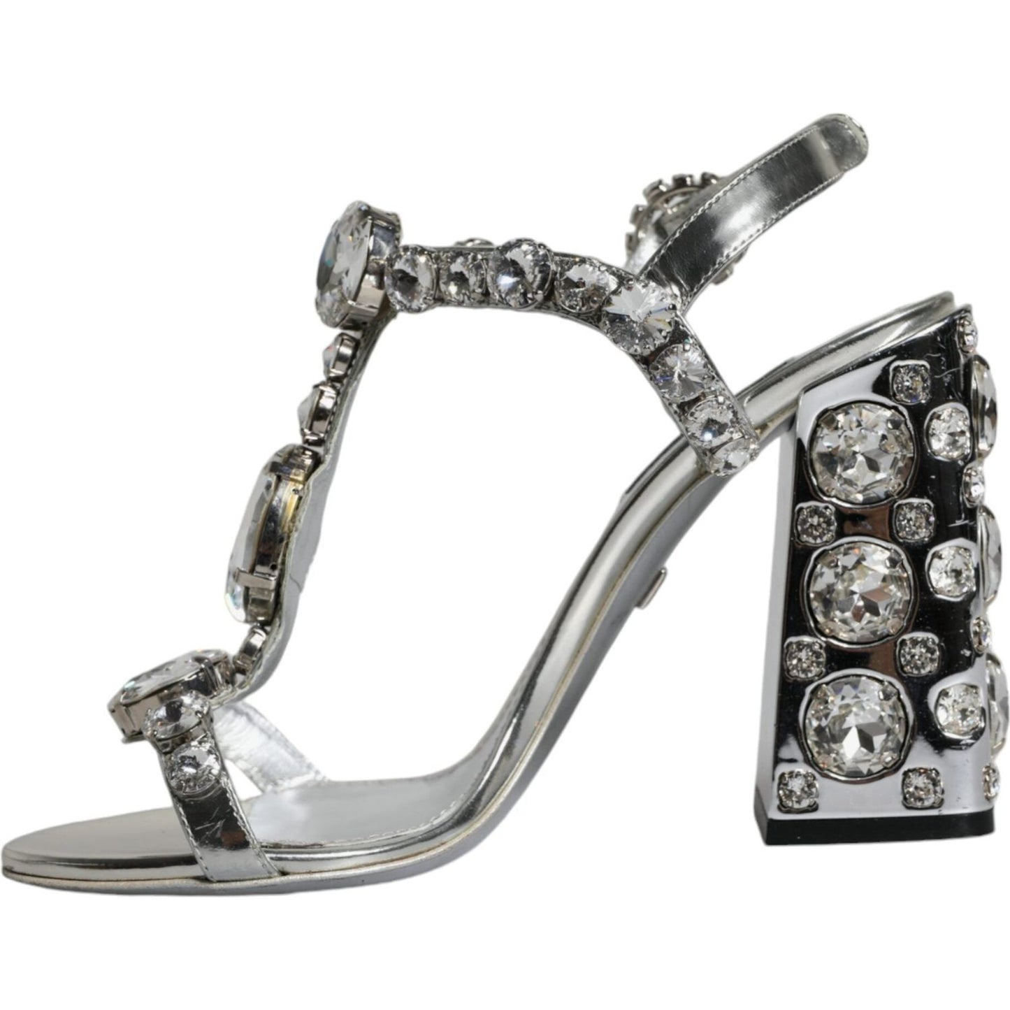 Dolce & Gabbana Silver Leather T-strap Crystal Sandals Shoes Dolce & Gabbana