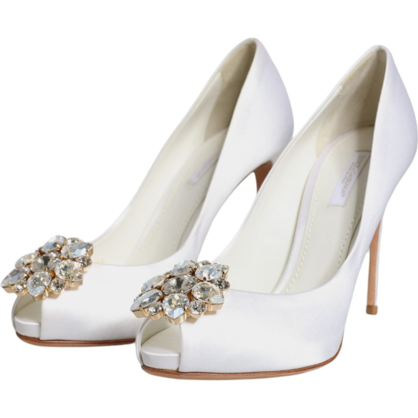 Dolce & Gabbana White Crystals Peep Toe Satin Pumps Shoes Dolce & Gabbana