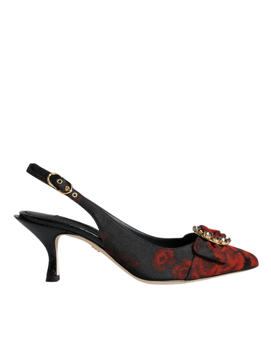 Dolce & Gabbana Black Red Floral Crystal Heel Slingback Shoes Dolce & Gabbana