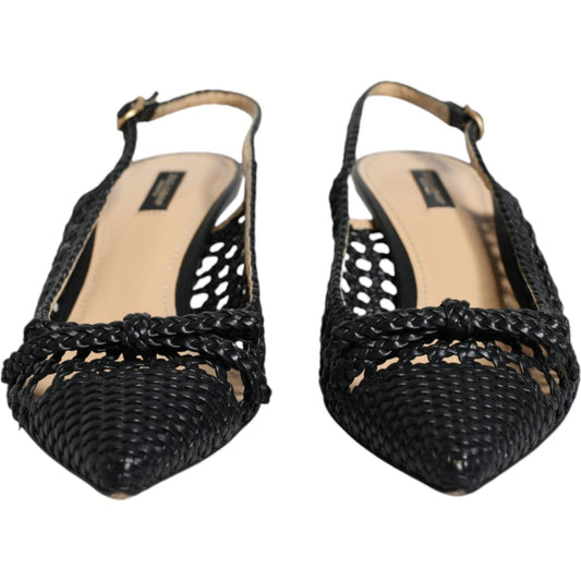 Dolce & Gabbana Black Leather Woven Heels Slingback Shoes Dolce & Gabbana