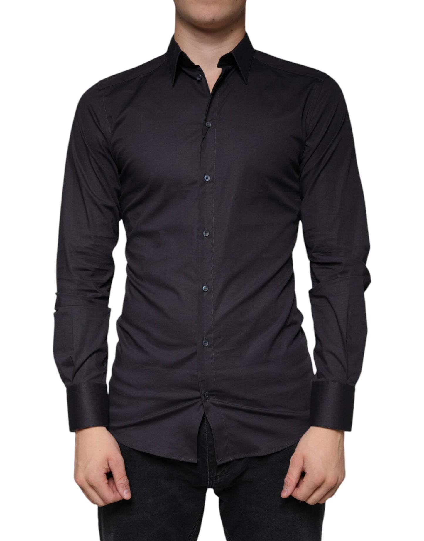 Dolce & Gabbana Black Cotton Stretch Dress GOLD Formal Shirt Dolce & Gabbana