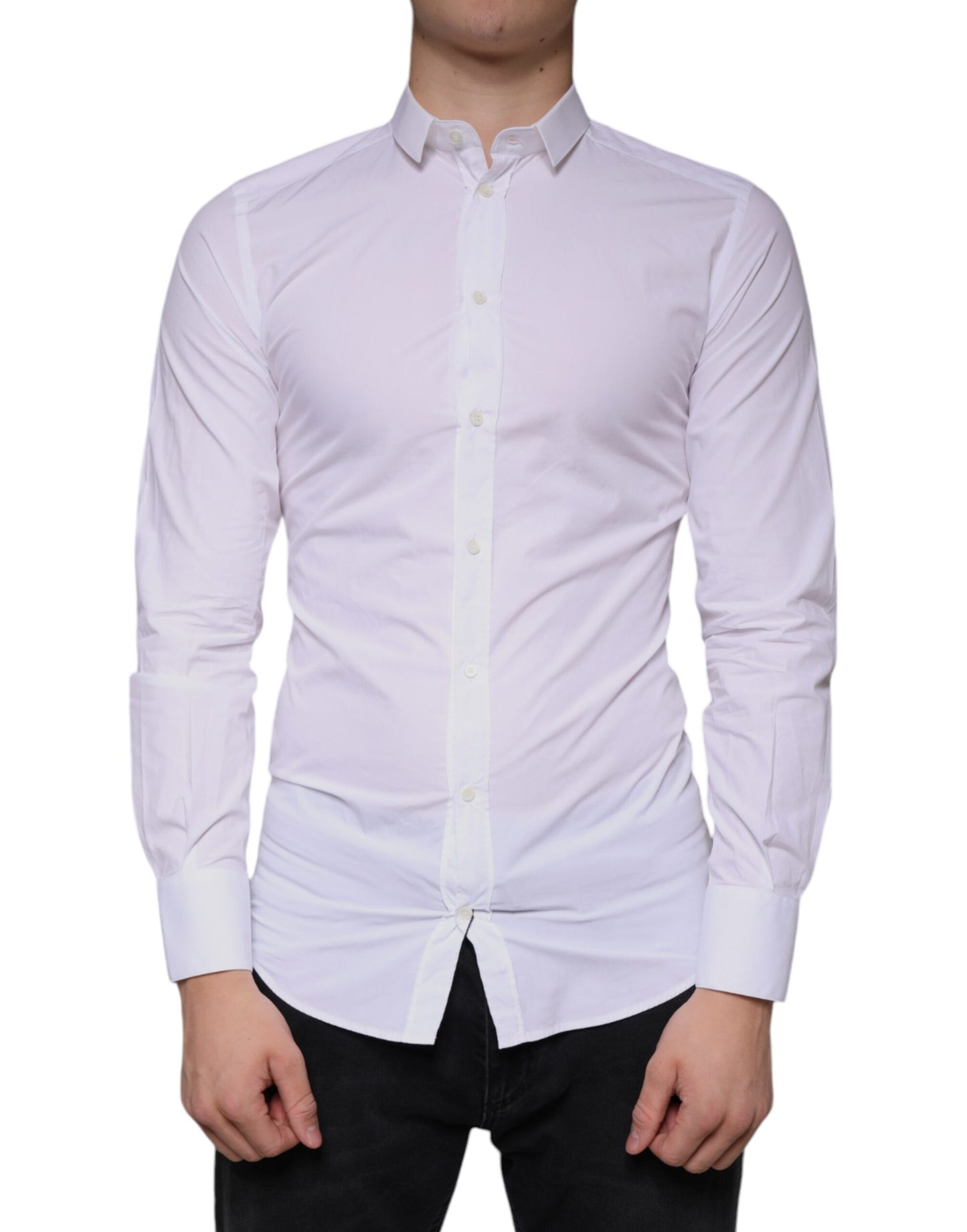 Dolce & Gabbana White Cotton Dress GOLD Formal Collared Shirt Dolce & Gabbana