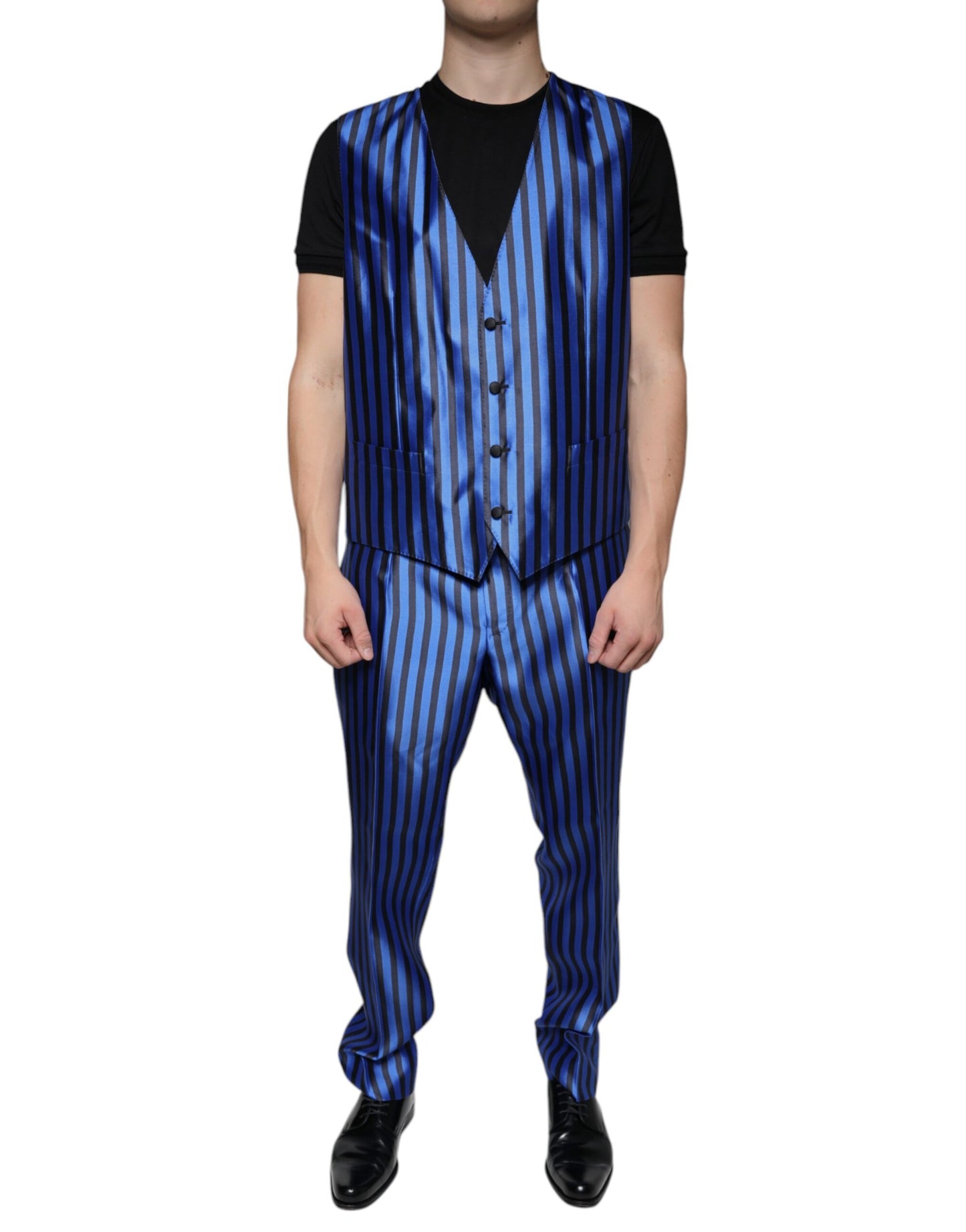 Dolce & Gabbana Metallic Blue Stripes Formal 3 Piece Suit Dolce & Gabbana