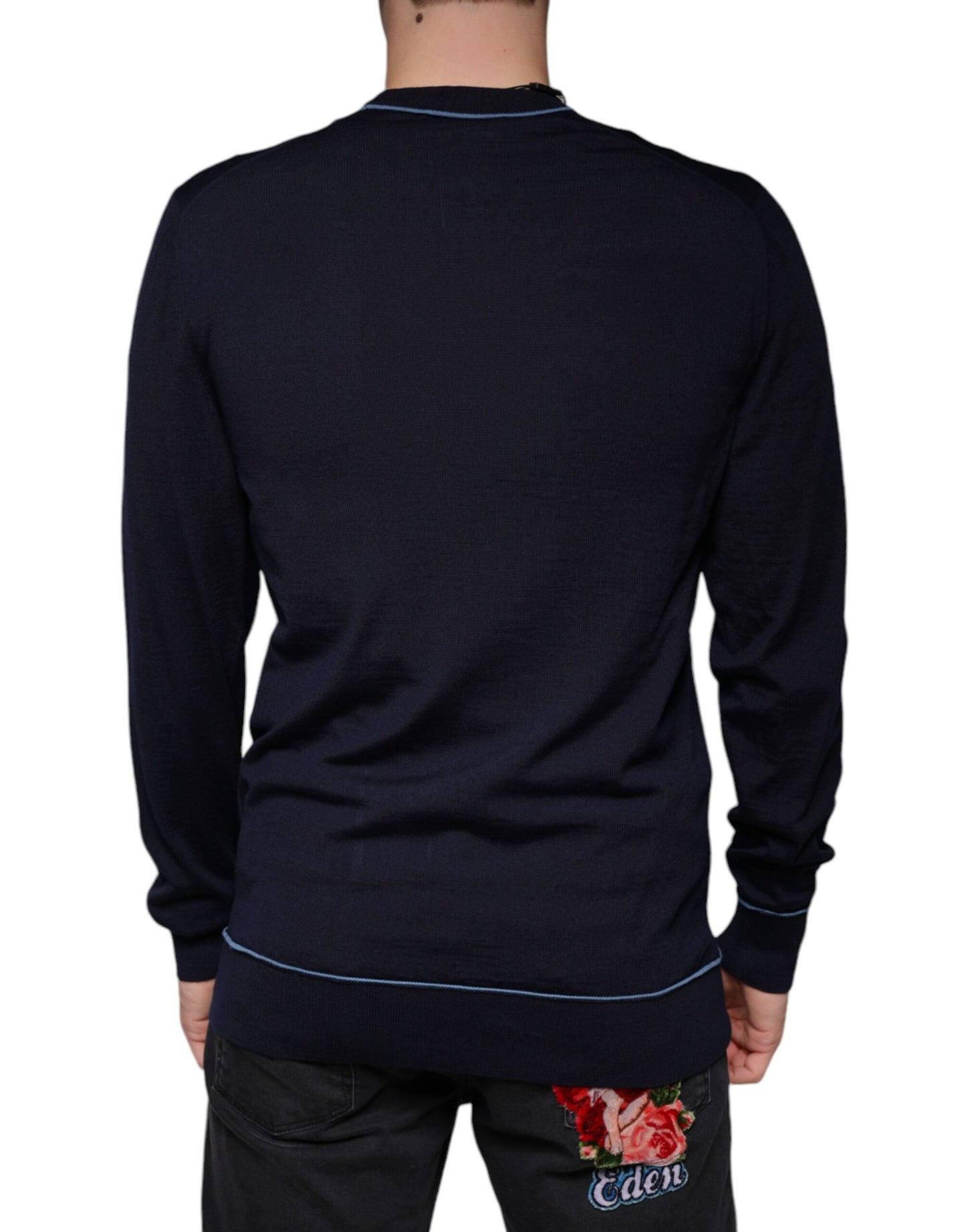 Dolce & Gabbana Dark Blue Wool Crew Neck Men Pullover Sweater Dolce & Gabbana