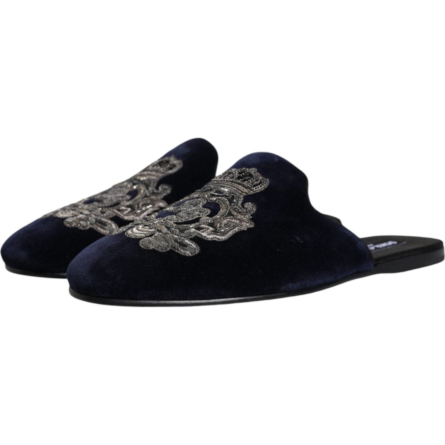 Dolce & Gabbana Black Velvet DG Crown Embroidery Slides Shoes Dolce & Gabbana