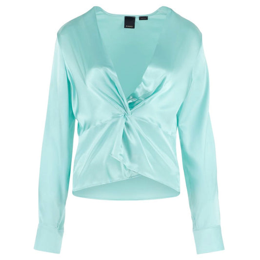 PINKO Green Silk Women Blouse with Deep V-Neck and Cuff Sleeves PINKO