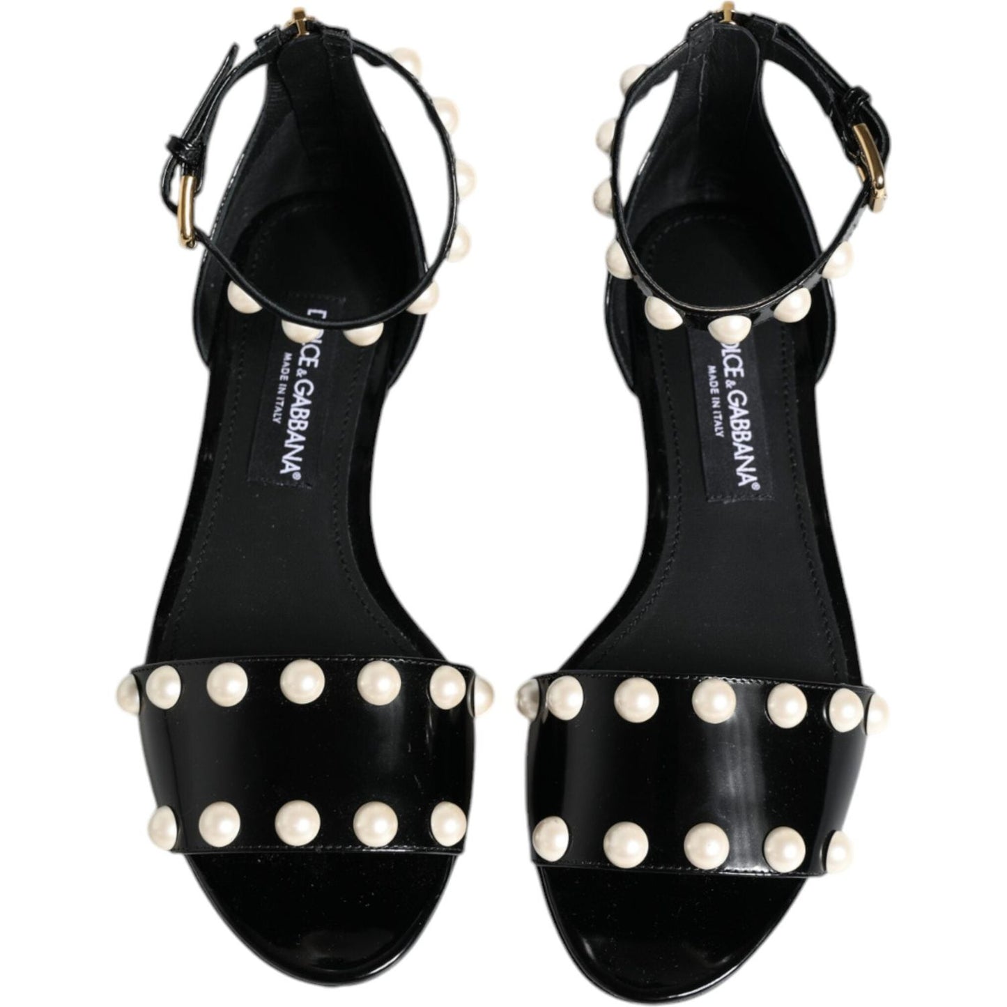 Dolce & Gabbana Black Leather Pearls Ankle Strap Sandals Shoes Dolce & Gabbana