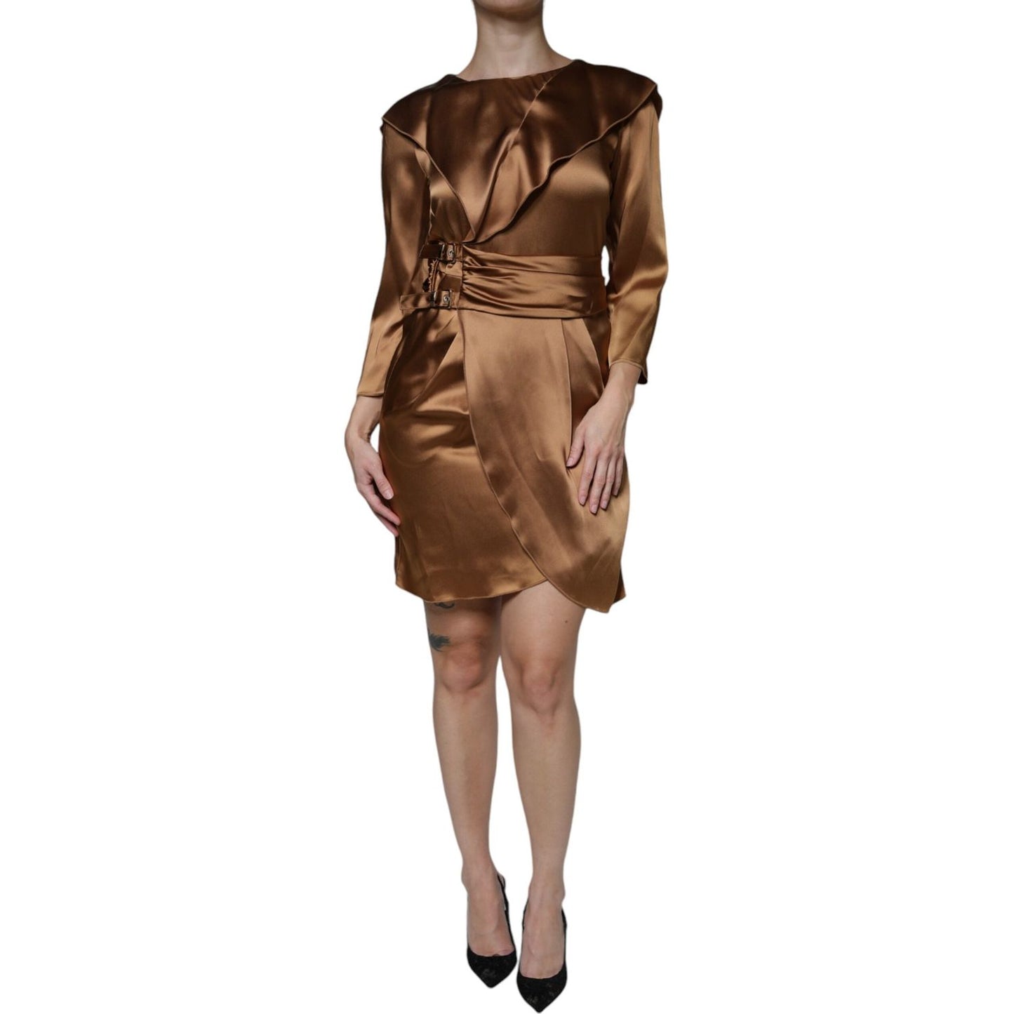 Emporio Armani Brown Satin Long Sleeves Wrap Sheath Mini Dress Emporio Armani