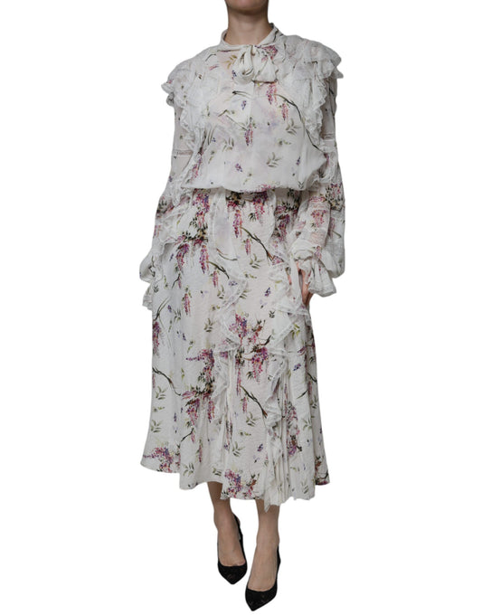 Ermanno Scervino White Floral Ruffles Lace Long Sleeves Maxi Dress Ermanno Scervino