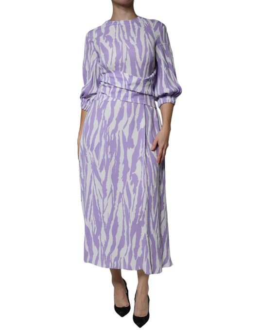 MSGM White Purple Patterned Viscose Short Sleeves Maxi Dress MSGM