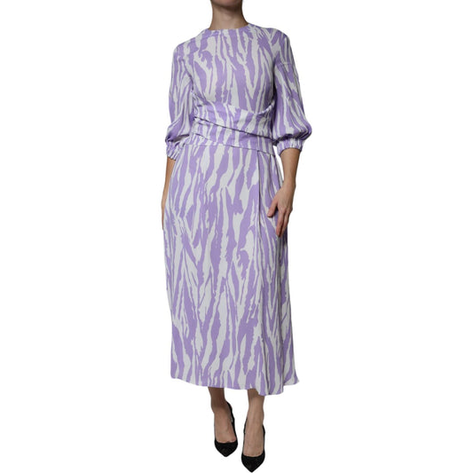 MSGM White Purple Patterned Viscose Short Sleeves Maxi Dress