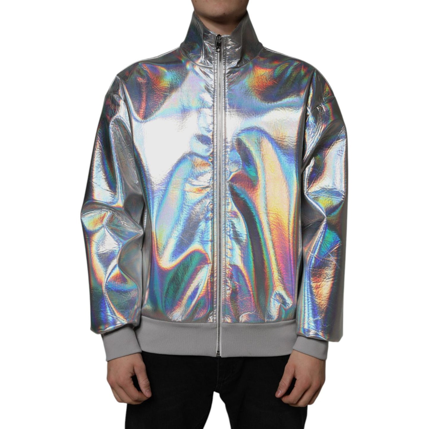 Dolce & Gabbana Silver Iridescent Full Zip Men Bomber Jacket Dolce & Gabbana