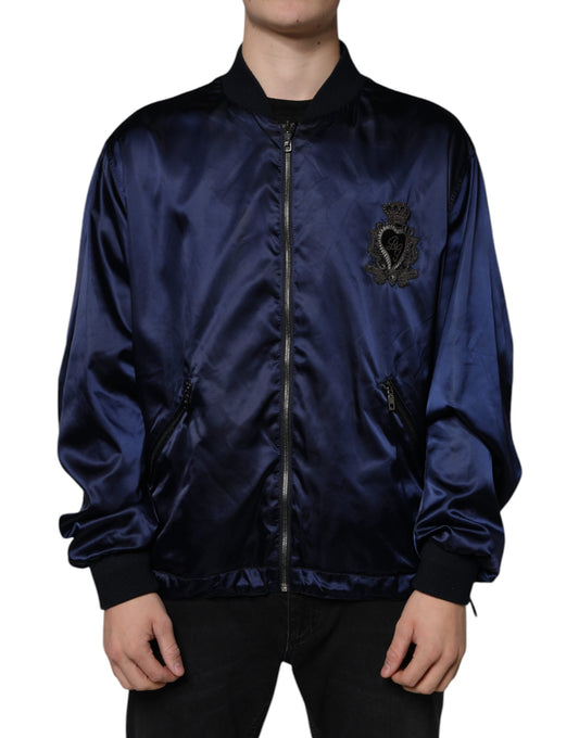 Dolce & Gabbana Blue Crown Heart Full Zip Men Bomber Jacket Dolce & Gabbana