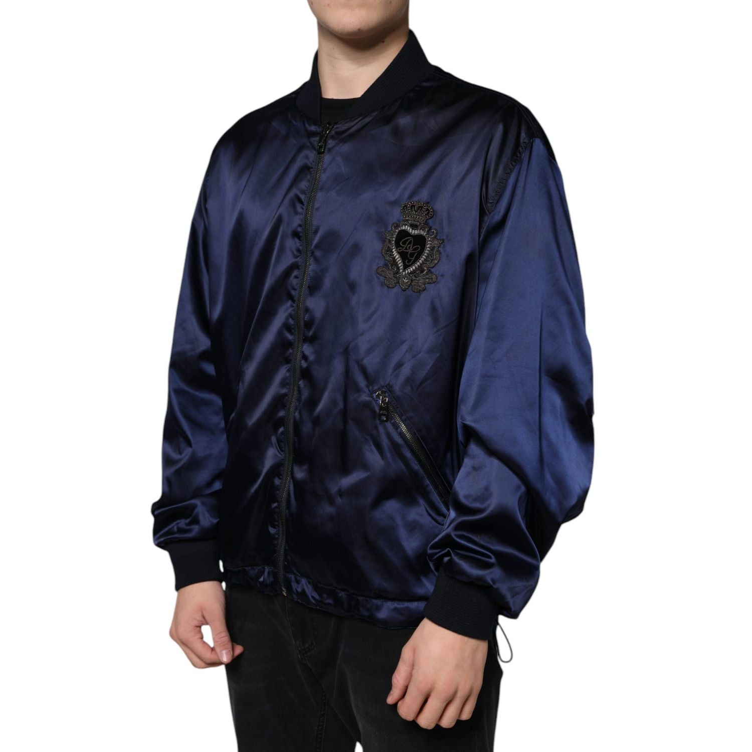 Dolce & Gabbana Blue Crown Heart Full Zip Men Bomber Jacket