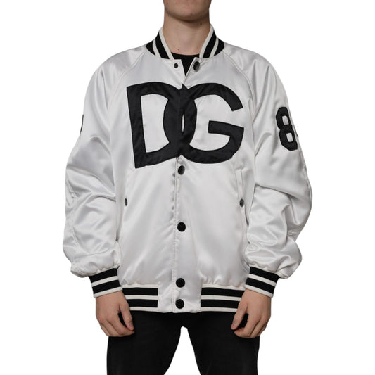 Dolce & Gabbana White Polyester Logo Full Zip Bomber Jacket Dolce & Gabbana