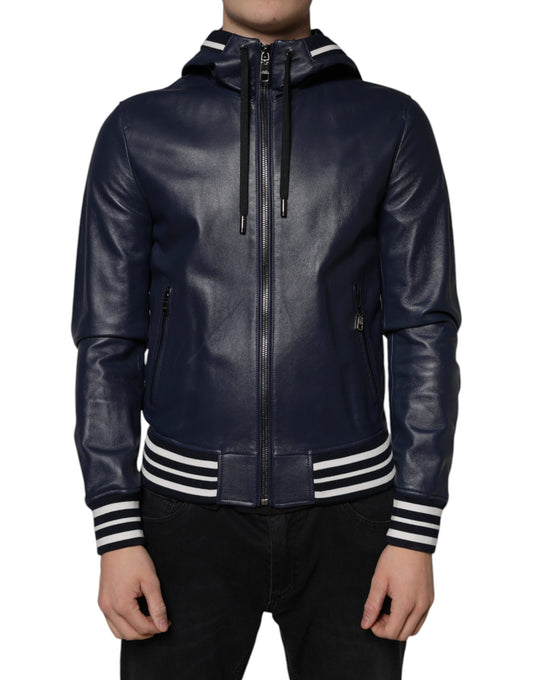 Dolce & Gabbana Blue Leather Full Zip Hooded Bomber Jacket Dolce & Gabbana