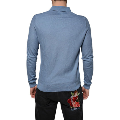 Dolce & Gabbana Sky Blue Silk Collared Men Pullover Sweater