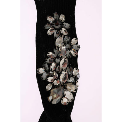 Dolce & Gabbana Black Knitted Floral Clear Crystal Socks