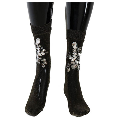 Dolce & Gabbana Black Stretch Floral Clear Crystal Socks