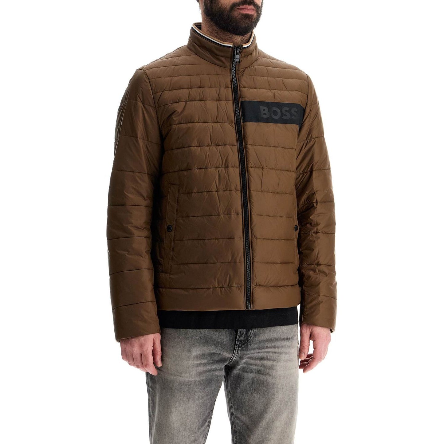 Boss green striped slim down jacket with high collar