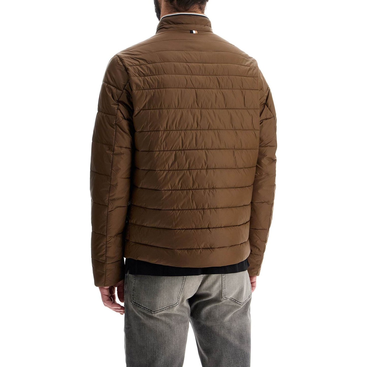 Boss green striped slim down jacket with high collar