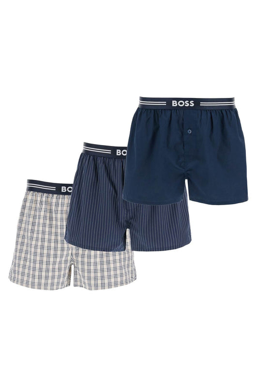 Boss set 3 boxer uomo cotone blu scuro righe quadretti vita elastica aw2024 Beachwear & underwear Boss