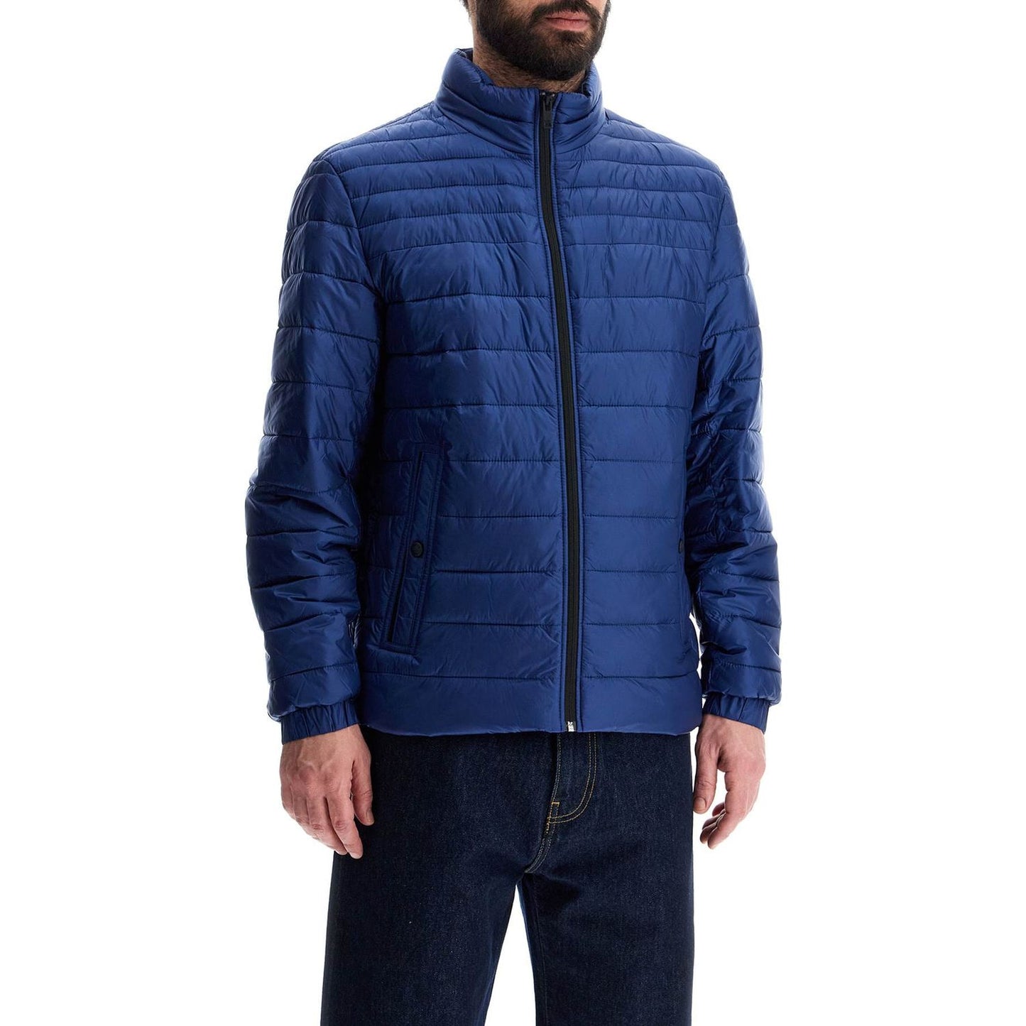 Boss lightweight jacket with horizontal blue stripes and high collar zip