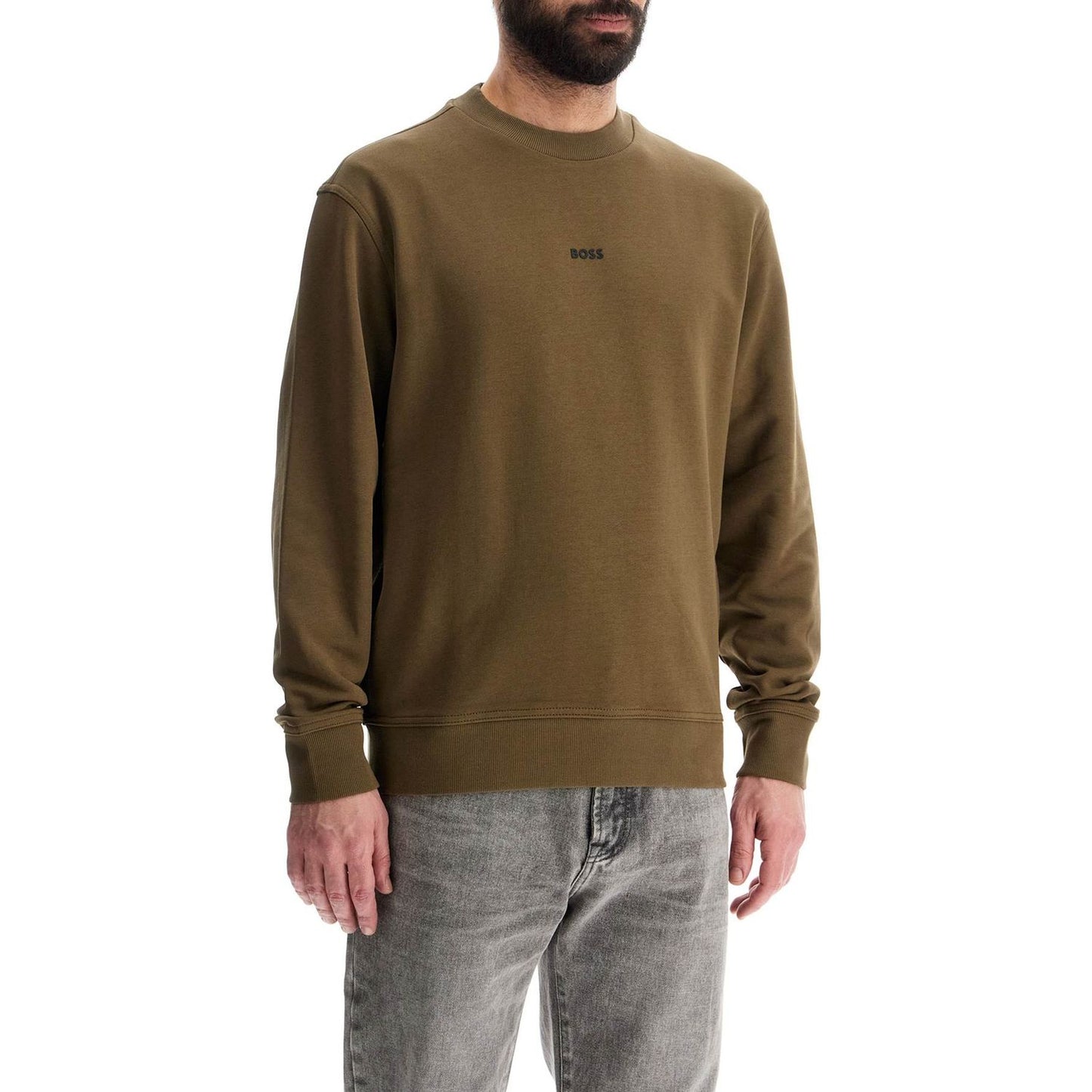 Boss men's long sleeve crew neck sweatshirt olive green cotton