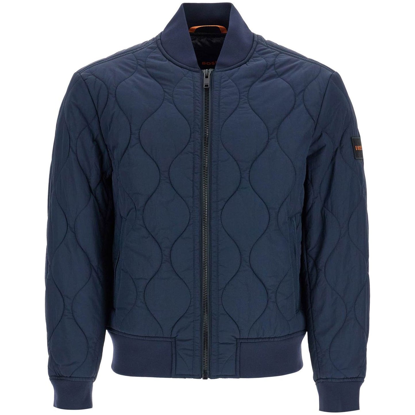 Boss dark blue slim fit quilted down jacket with wavy pattern