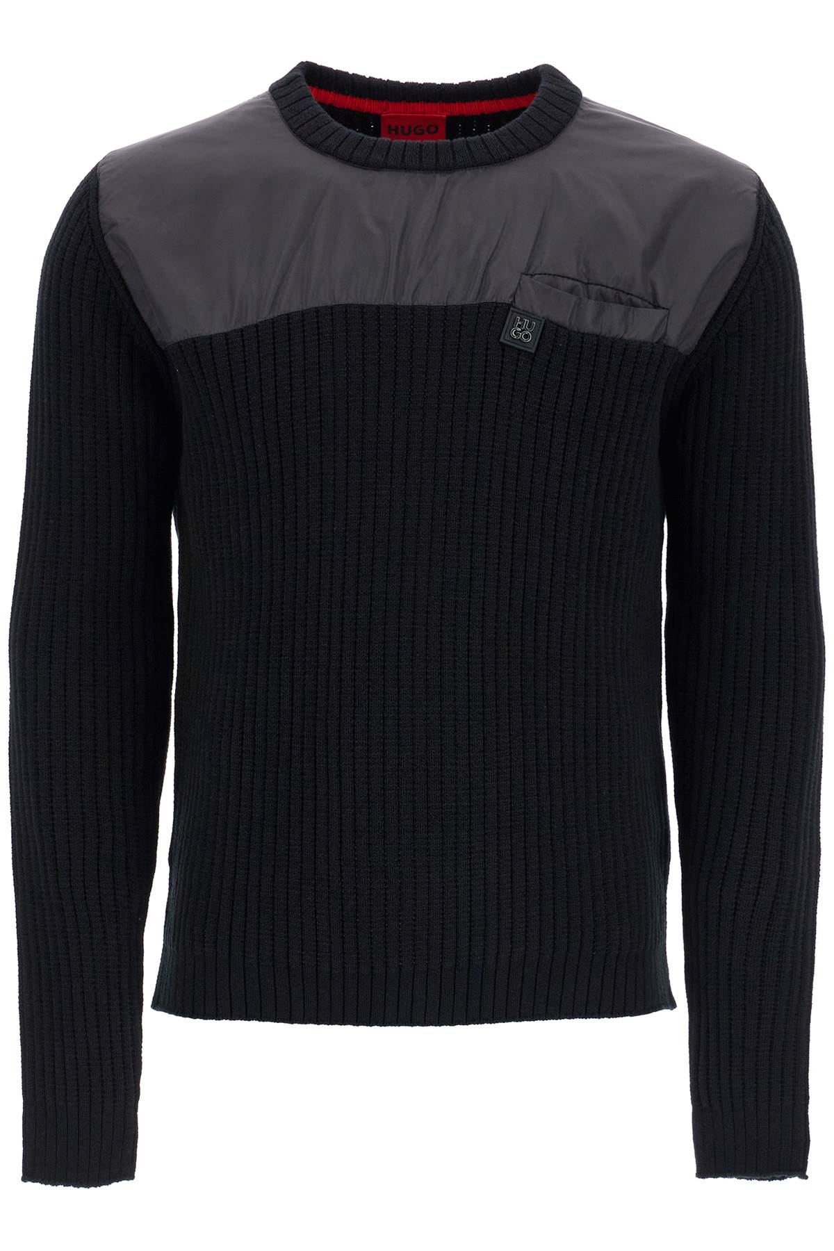 Hugo men's black cotton sweater with round neck and pocket