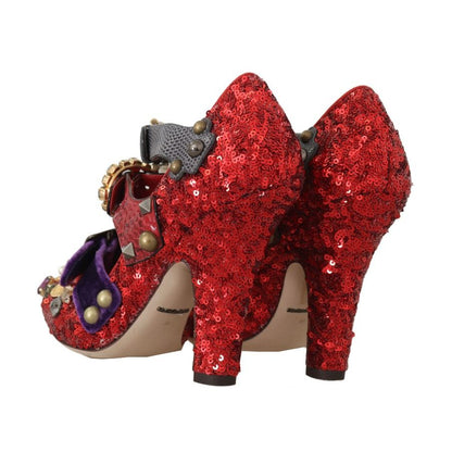 Dolce & Gabbana Red Sequined Crystal Studs Heels Shoes