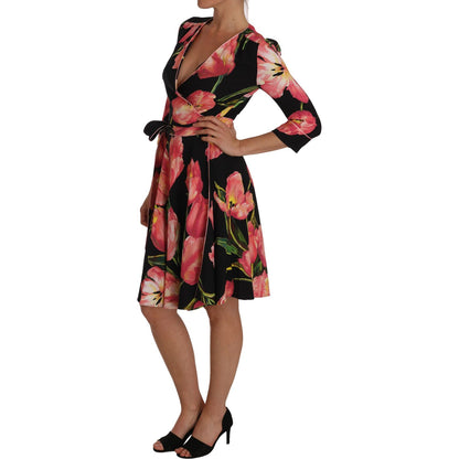 Dolce & Gabbana Black Pink Tulip Print Stretch Shift Dress