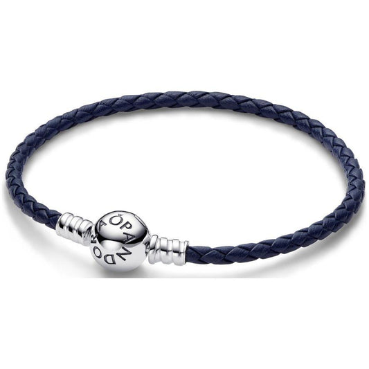 PANDORA MOMENTS COLLECTION Mod. ROUND CLASP BLUE BRAIDED LEATHER BRACELET Bracelet PANDORA