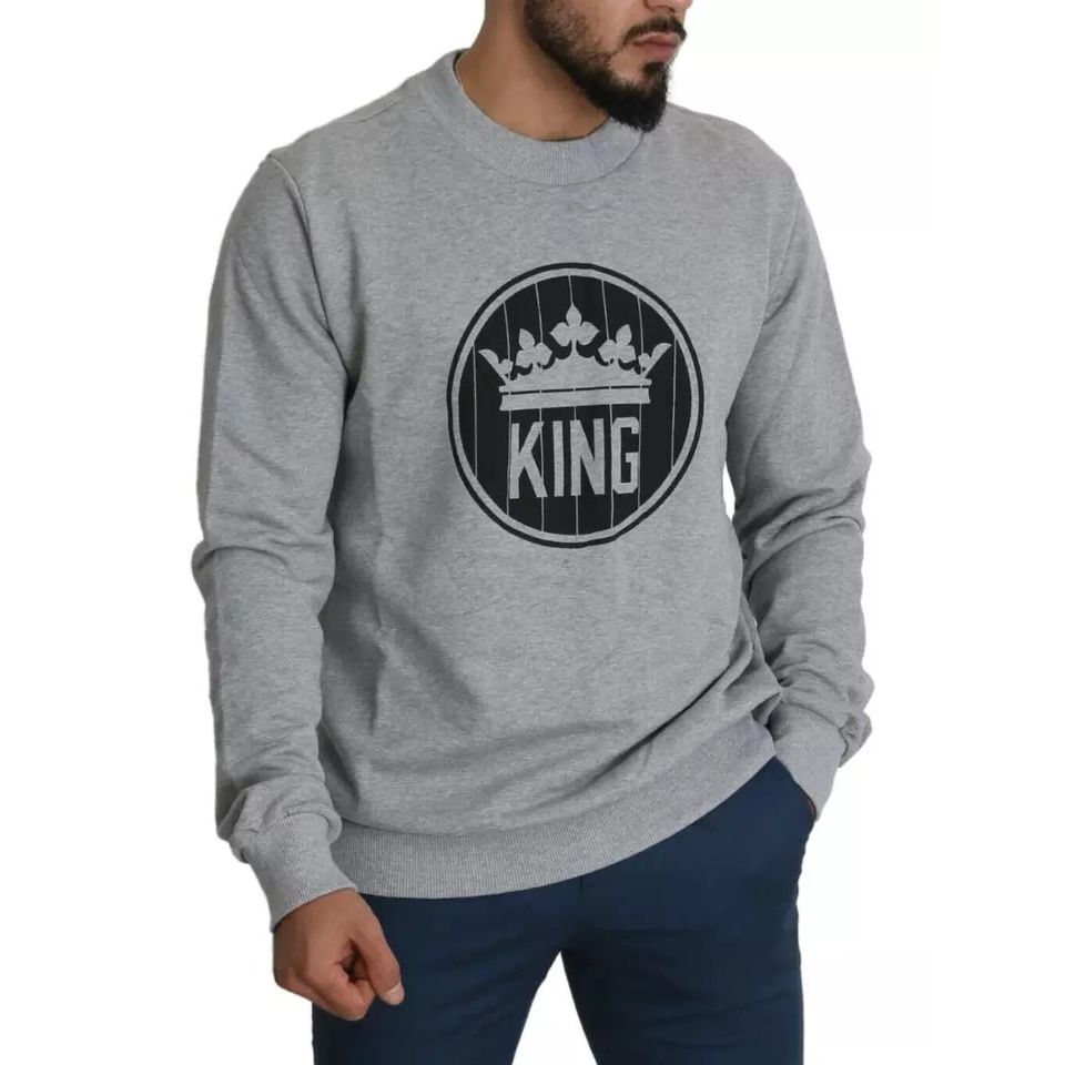Dolce & Gabbana Gray Crown King Print Cotton Pullover Sweater