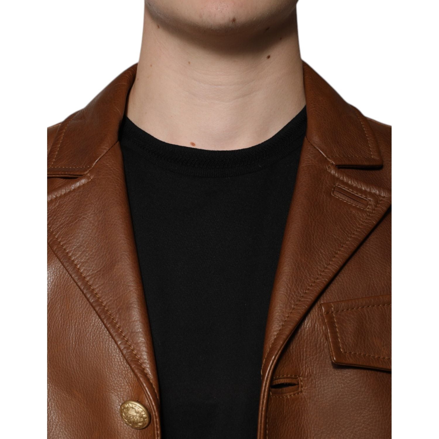 Dolce & Gabbana Brown Calfskin Leather Button Down Jacket