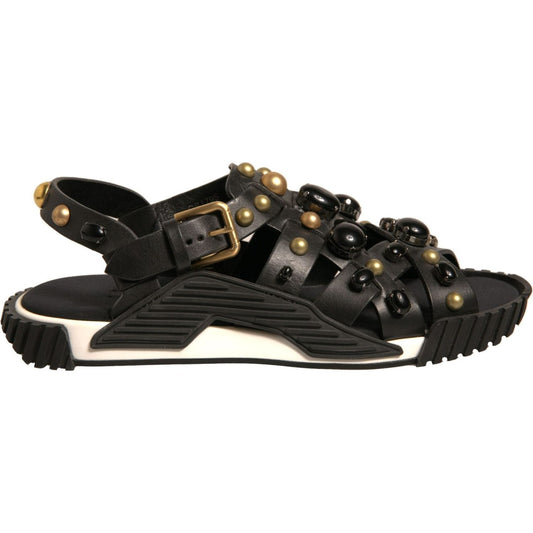 Dolce & Gabbana Black Leather Studded Slides Sandals Shoes
