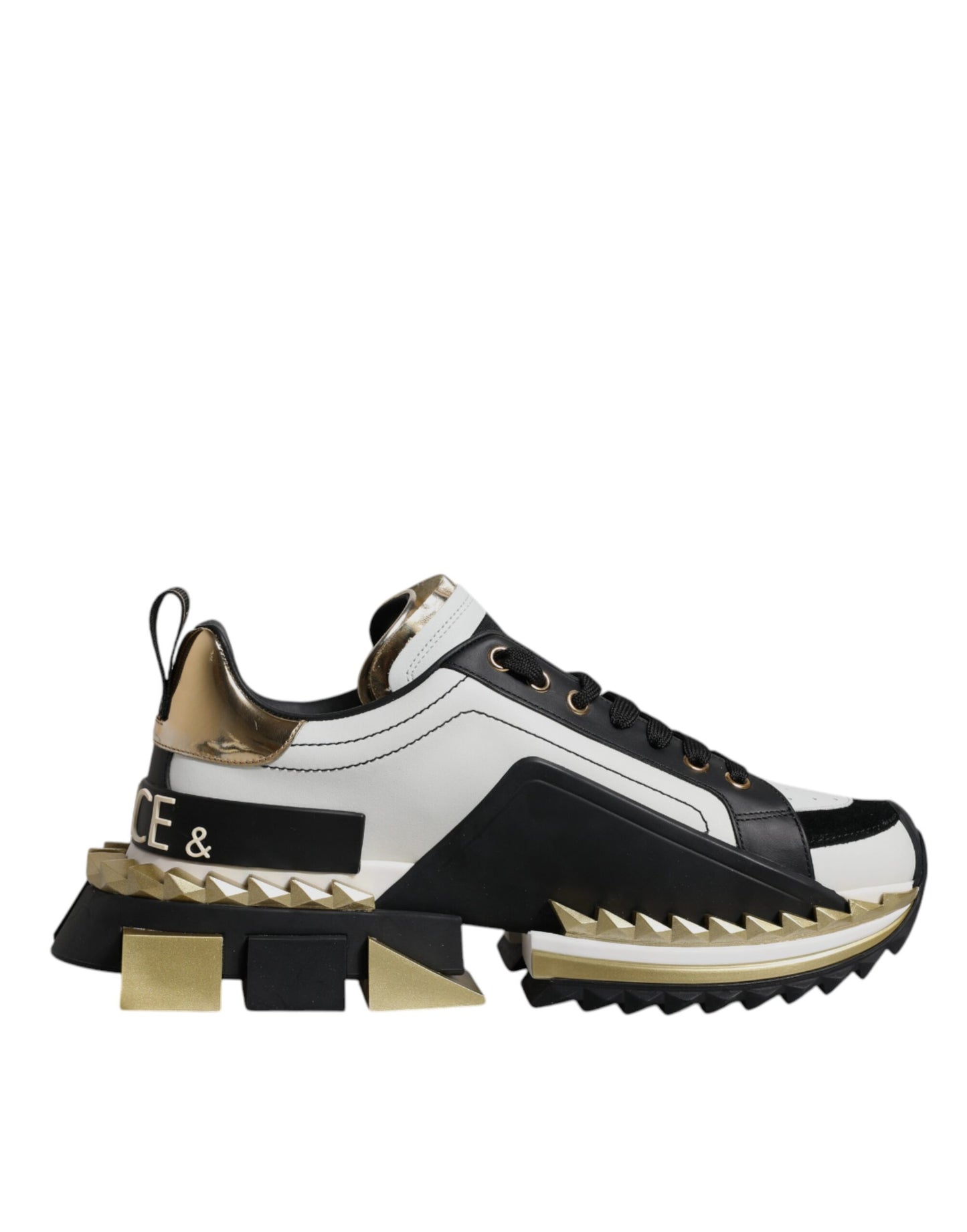 Dolce & Gabbana White Gold Black Leather SUPER KING Sneakers Shoes Dolce & Gabbana