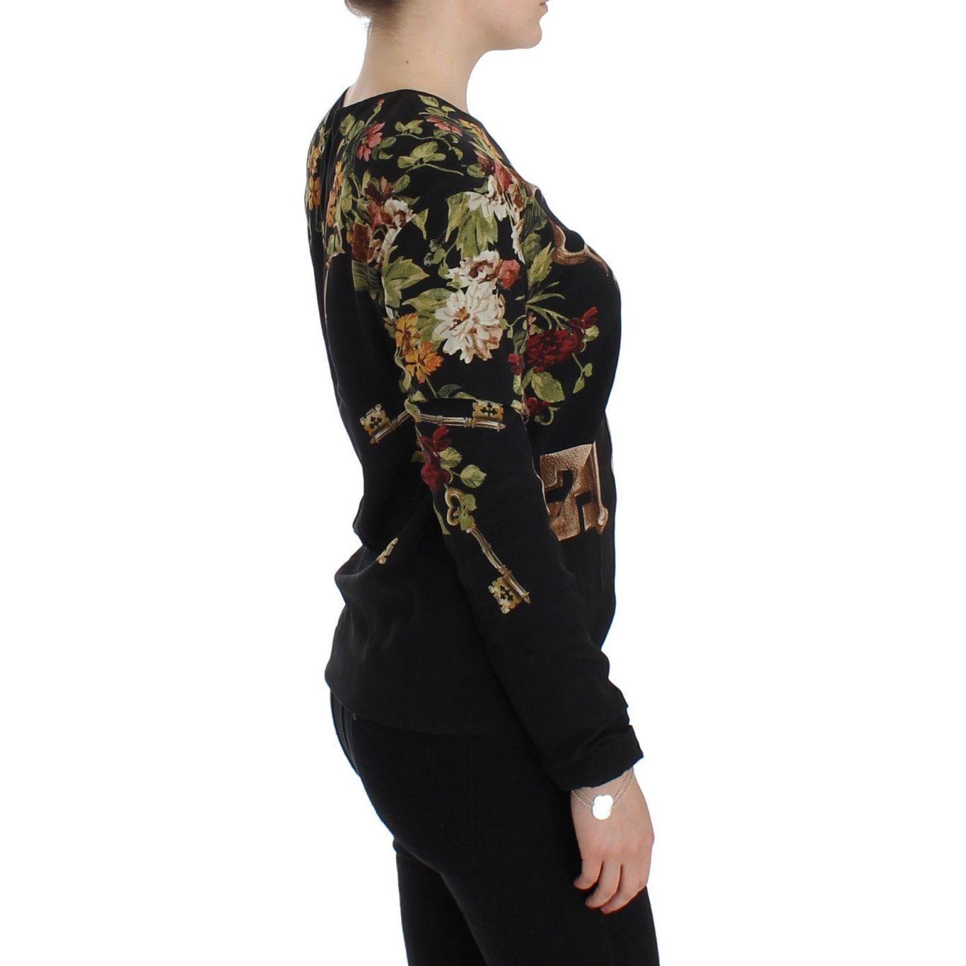 Dolce & Gabbana Black Key Floral Print Silk Blouse Top