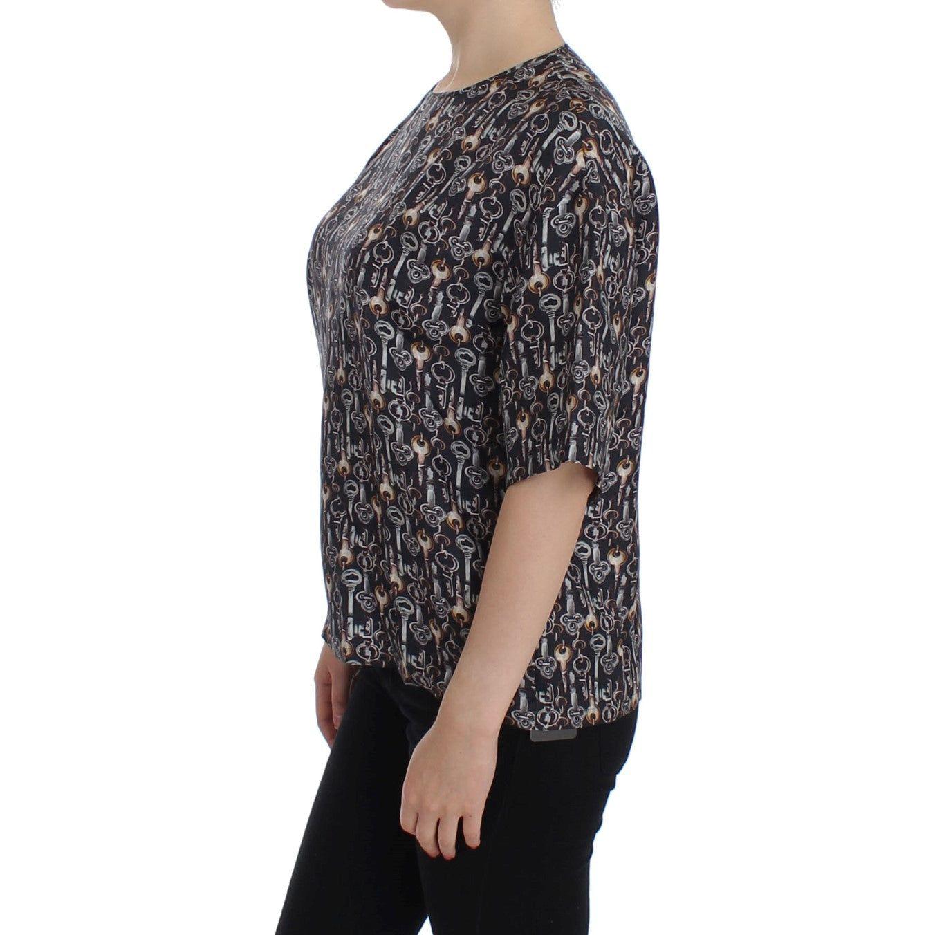 Dolce & Gabbana Gray Gold Key Print Silk Blouse T-shirt