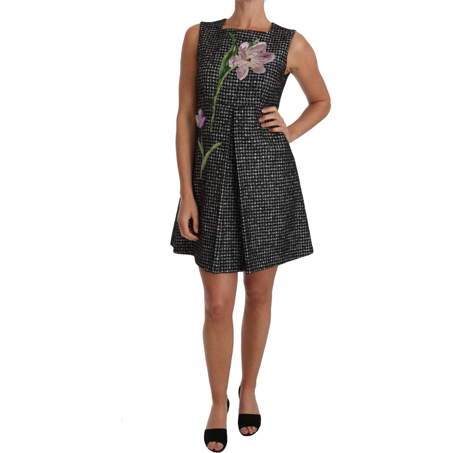 Dolce & Gabbana Elegant Gray Mini A-Line Dress with Purple Tulip Dolce & Gabbana