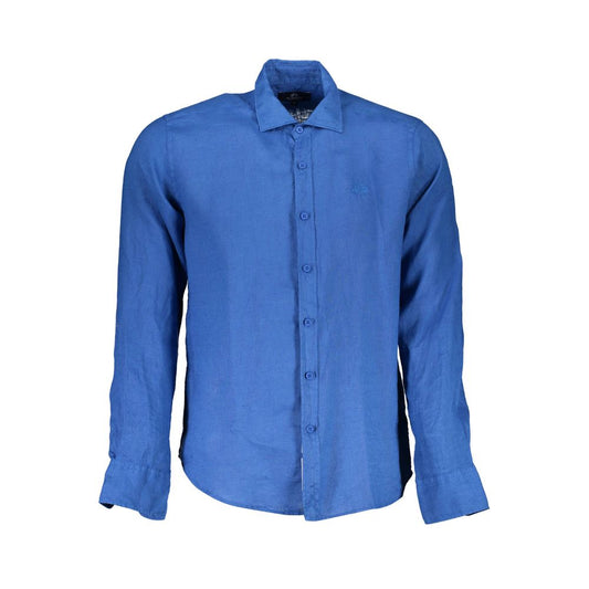 La Martina Blue Linen Men Shirt La Martina